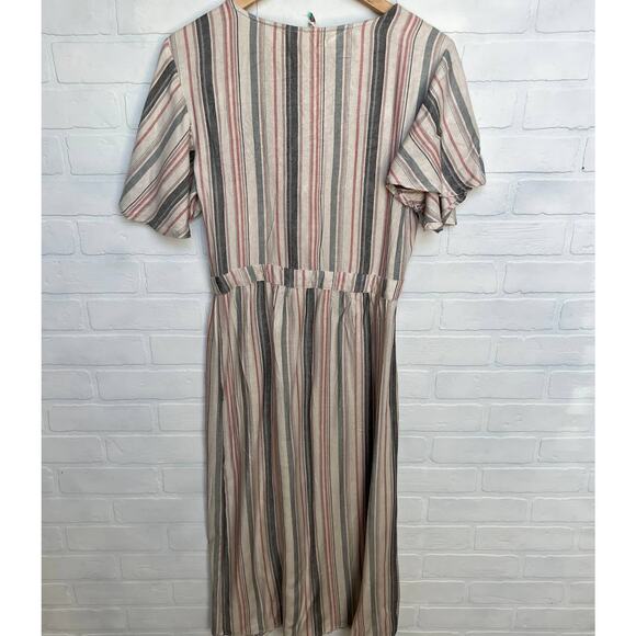 Mimi Chica Beige Multi Colored Striped Tie Front Button Down midi Dress-sz L - Picture 2 of 6